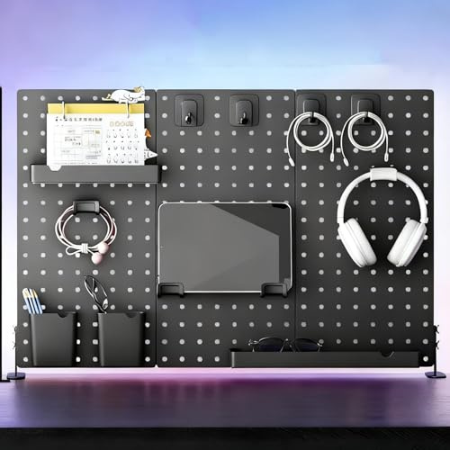 MMXYNXYD Tablero Perforado Escritorio, Panel Perforado con Accesorios para El Hogar, Sala de Juegos, Oficina y Estudio, Negro, 62.2 x 42.5 cm