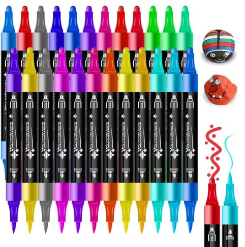 LQMK Acrylic Paint Pens 24 Colors Dual Tip Markers – Fine & Brush Tips for Rock Painting Glass Wood Fabric – Water-Based Paint Pens for Kids Adults Crafts DIY Art Supplies