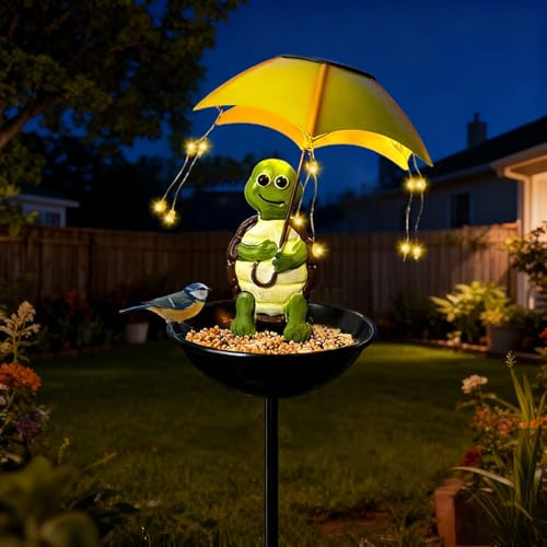 Solar Gartenfiguren Schildkröte Gartendeko für Draußen Futterhaus Solar | Schildkröte Gartendeko mit Regenschirm Solar Schildkröte Statue mit Led Lampe für Garten Terrasse Rasen Teiche