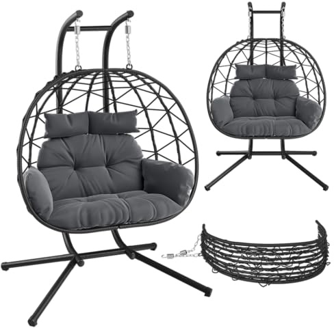 STEELSØN Alarian XXL Hängesessel 2 Personen mit Gestell, Schwarz, 220 kg | Rattan Hängestuhl Outdoor & Indoor mit Kissen, Hängekorb höhenverstellbar, faltbar, Gartenschaukel Erwachsene/Kinder, Balkon