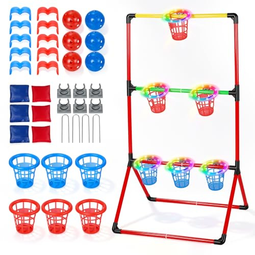 Gartenspiele, 3-In-1 Gartenpong mit 6 leuchtenden Körben 6 Gartenpong 6 Sandsäckchen Wurfspiel Indoor Outdoor Sportspielzeug für Familienfeiern