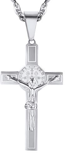 PROSTEEL Kreuz Kette Herren Edelstahl Anhänger Halskette Kruzifix Benediktuskreuz Religiöser Modeschmuck für Männer Jungen(Silber)
