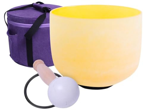 ENERGYSOUND Cuenco tibetano de cristal de cuarzo esmerilado de color amarillo de 432 Hz E Solar Plexus Chakra de 20 cm + bolsa de transporte