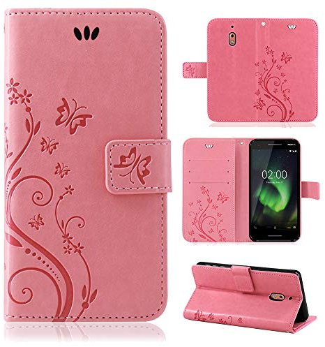 betterfon Hülle Kompatibel mit Nokia 2.1 | Premium PU Leder Handyhülle Wallet Case für 2.1 | Schutzhülle Blumen Klapphülle Handyhülle | Rosa