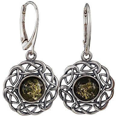 Pendientes de plata esterlina y ámbar báltico Leverback francés Pendientes de ámbar verdeEnat