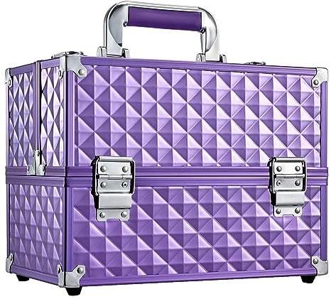 Frenessa Makeup Train Case 12 Inch Portable Cosmetic Case - 6 Tier Professional Makeup Storage Box Organiser Box Make Up Carrier with Lockable Keys Travel Case for Women and Girls - Purple