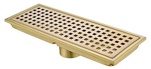Orhemus Linear Shower Floor Drain with Removable Cover Grid Grate 12 inch Long Rectangle, SUS 304 Stainless Steel Brushed Gold Brass Finished