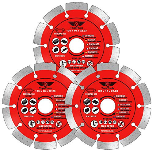 3 x TopsTools TTDS125_3 125mm (5 inch) x 10mm x 22.23mm Bore Segmented Diamond Angle Grinder Circular Saw Blades