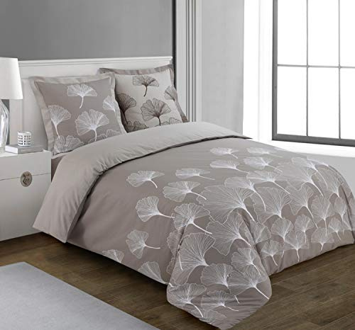 Vision - Parure de lit Réversible 100% Coton - Ginko Beige - Set de Housse de Couette 240x220 cm avec 2 taies d'oreiller pour lit Standard 2 Personnes - Fibres Naturelles - Oekotex