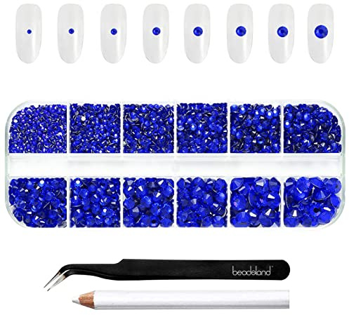 Beadsland 2500pcs Blaue Strasssteine, Flatback Gems Runde Kristall Strasssteine ​​zum Basteln Gemischt 8 Größen SS4 ~ SS30 mit Picking Pinzette und Stift (saphirblau)