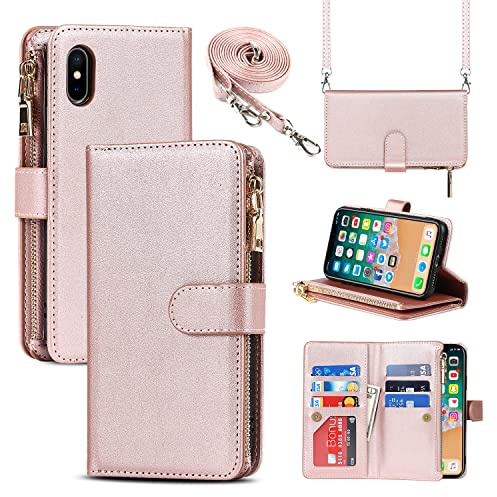 CAVOR Handykette Handyhülle kompatibel mit iPhone X/XS Hülle Mit Band,Flip Leder Geldbörse Hülle Mit Kette,[9 Kartenfach][Doppelte Schnalle],Umhängeband Klapphülle Handytasche - Roségold