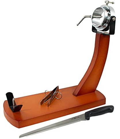 Fackelmann Set Soporte Jamonero Giratorio de Madera de Pino, con Cuchillo Jamonero 37 cm Nirosta Elegant de Acero Inoxidable y Pinza para Jamón 11 cm de Acero Inoxidable