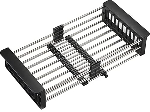 GULICA Dish Drying Rack Black, Adjustable Stainless Steel Drainer Basket Drain Tray for Dish Vegetable Fruit, 18.2 x 8.9, On or in Sink Kitchen Basket Dish Drying Rack