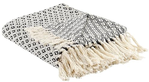 Beliani Decke Baumwolle schwarz/Hellbeige 125x150 cm mit Fransen Wohndecke Chyama