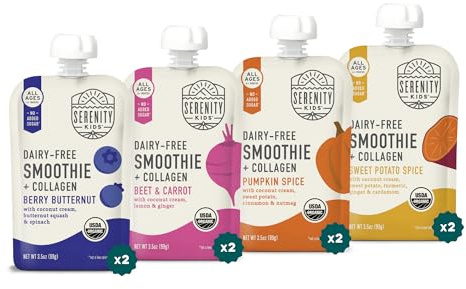 Serenity Kids 6+ Months Dairy Free Smoothie Baby Food Pouches - Protein Snack Pouches with Grass-Fed Collagen & Healthy Fats - USDA Organic Baby Food with No Added Sweeteners - 3.5 Fl Oz, Pack of 8