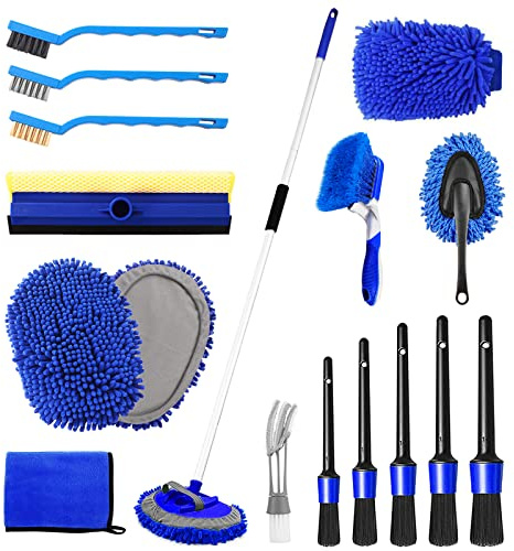 NIKCOSMK 62'' Car Wash Brush Kit - Mitt, Mop, Sponge & Long Handle, Scratch-Free Chenille Replacement Head, Wheel Tire Brush, Car Detailing Kit for Cars, RV, Truck