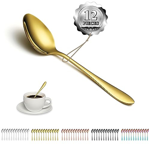Kyraton Goldene Teelöffel 12 Stück 14 cm Edelstahl Titan beschichtet Goldene Kaffeelöffel, Dessertlöffel, Eislöffel, Löffel Besteck