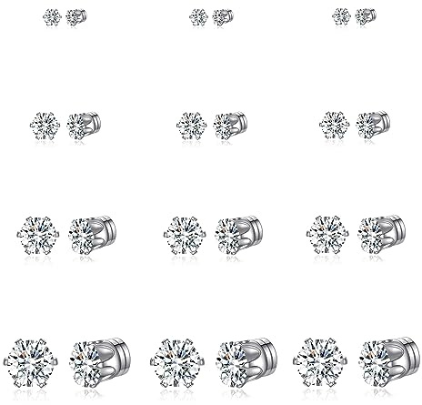 Spiritlele 12 Pairs Silver Small Big Cubic Zirconia Magnetic Earrings Clip on Non Piercing Earrings Set Unisex 4MM-7MM