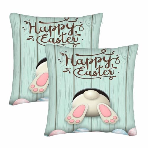 TKS MITLAN Happy Easter Kissenbezug mit Hasenboden, Ostereier, Holz, lustig, niedlich, für den Außenbereich, quadratisch, 45,7 x 45,7 cm, 2 Stück