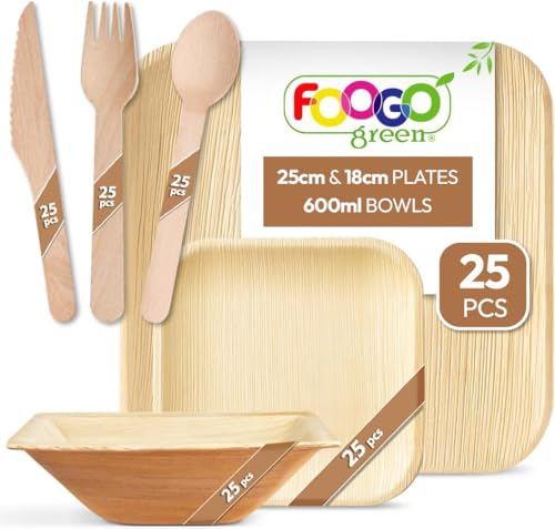 FOOGO Green 150pcs Palm Leaf Plates, Bowls and Cutlery Set, Square