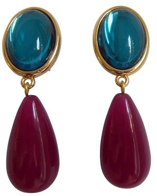 Leichte sehr große Ohr-Clips vergoldet Stein smaragd-grün petrol Anhänger granat-rot tropfen-förmig Designer Ball Feier elegant JUSTWIN Fest Party