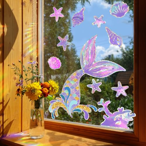 AIBIIN Mermaid Window Stickers Under The Sea Theme Suncatcher Glass Decal Marine Starfish Seashell Bird Anti Collision Static Window Decals Home Decoration