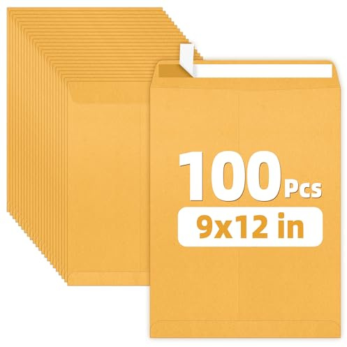 SUNEE 9 x12 Manilla Envelopes, 28lb Brown Kraft, Ultra Strong Quick-Seal Security Catalog Mailing Envelopes for Flat Letter Size Documents or Photos, 100 Count