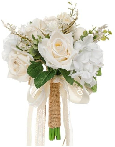 Lipfer Rustic Wedding Bouquets Bride White Champagne Artificial Roses Flowers Bridal Holding Bouquet for Wedding Decoration