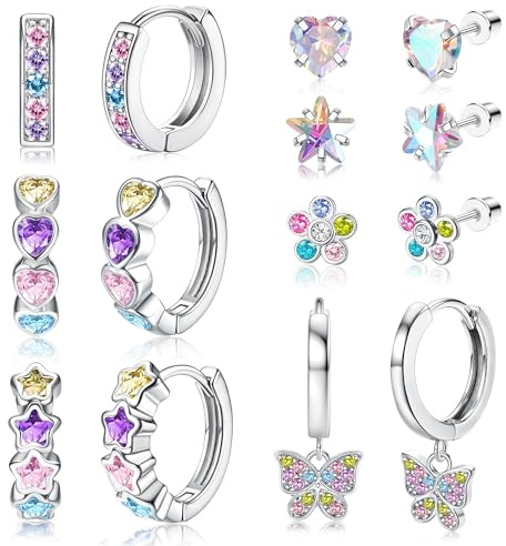 FIOROYAL 7 par allergivänliga kreolska örhängen för flickor kvinnor, silver liten stjärna blommor medicinskt örhänge set, sött hjärta hängande örhängen, rosa färgglada CZ örhängen kirurgiskt stål för