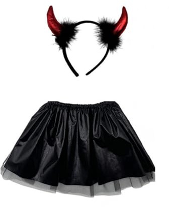 Liooce 2 Pezzi Costume da Diavolo,Corna Diavolo Rosso,tutù,Vestito da Diavolo (Nero)