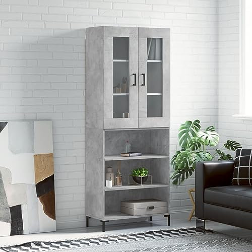 Generisch Sideboard 69,5x34x180cm Betongrau Holzwerkstoff, Metall, Glas Allzweckschrank Wohnzimmermöbel Vorratsschrank Fernsehschrank Kleinschrank Rollcontainer Bücherregal schmal