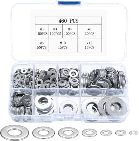 460 Stück Flache Unterlegscheiben Set, Beilagscheiben Sortiment, Kohlenstoffstahl Sicherungsscheiben Türscharnier Sortiment, Metallscheiben Distanzscheiben, M3 M4 M5 M6 M8 M10 M12