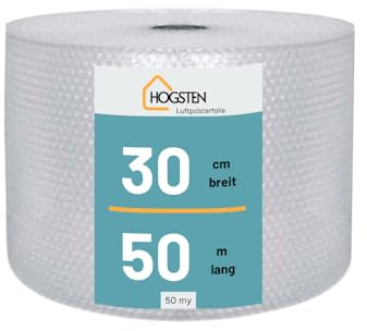 HOGSTEN Luftpolsterfolie Rolle 50m x 30cm - Noppenfolie für Versand, Verpackung und Umzug -100% recycelbar - Bubble Wrap Polstermaterial Verpackungsmaterial 50my (0,3m x 50m)