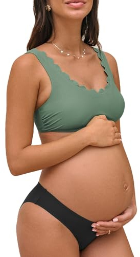 CUPSHE Dam, mammabaddräkt, bikiniset, U-ringning, vågkant, låg midja, bikini, ett stycke, gravidbadkläder, baddräkt, Olivgrön/svart, XL