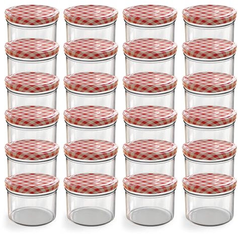 Oputec Lot de 24 bocaux de 230 ml avec couvercles à visser rouges à carreaux, parfait pour les confitures et plus encore
