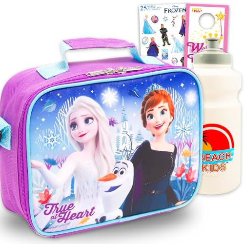 Disney Lonchera de Frozen para niñas, paquete con bolsa de almuerzo aislada de Elsa y Anna más calcomanías, botella de agua, más | Juego de lonchera Disney Frozen, para niños