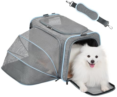 Petsfit Faltbare Transporttasche für Katzen & Hunde, einseitig erweiterbare Katzentransportbox mit Schultergurt, aus stabilem Oxford-Gewebe, Faltbare Hundetransportbox, praktische Reise