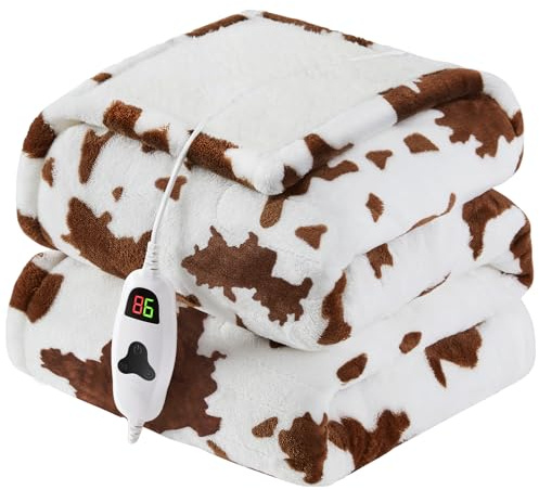 ETL beheizte Heizdecke mit Kuhdruck, Doppelgröße, 157 x 213 cm, Braun, Heizdecke mit 10 Heizstufen und 8 Stunden automatischer Abschaltung, Fleece, Sherpa-Decken, wärmer, Geschenke für Damen und