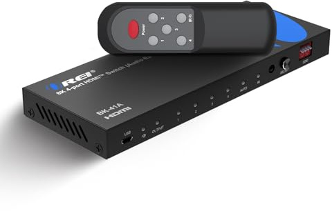 OREI 8K 4×1 HDMI 2.1 Switch - 8K@60Hz/4K@120Hz HDR10+/Dolby Vision Pass‑Through, HDCP 2.3, Optical & RCA L/R Audio Extractor, IR Remote Control, Metal - 4‑Input HDMI Switch
