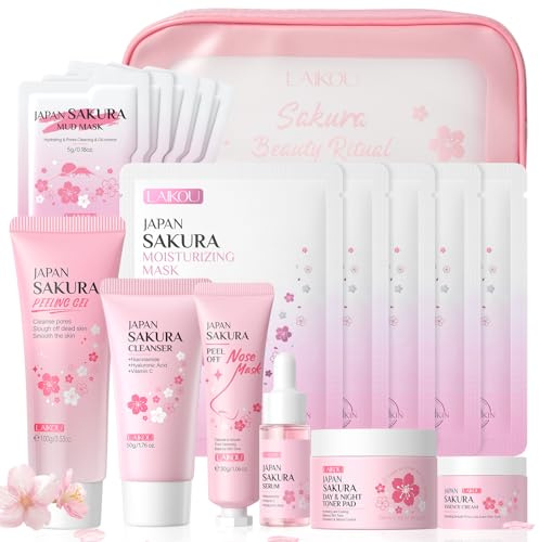 LAIKOU Kit per la Cura della Pelle Sakura, Set 8 Pezzi Cura della Pelle Viso Donna, con Detergente Viso, Peeling, Siero, Toner Pads e Maschera Idratante, Per una Pelle Pulita e Idratata