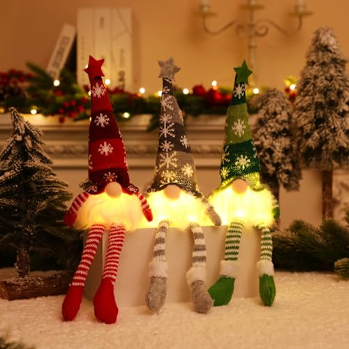 Ferakum Weihnachts Wichtel Deko, 3 Stück Weihnachten Deko Leuchtende Weihnachts Wichtel mit Beleuchtet LED, Handgemachte Weihnachtswichtel Figuren für Innen Home Farmhouse Kitchen Fenster Geschenke