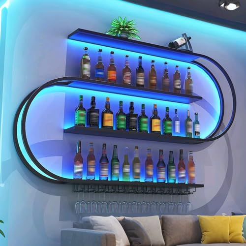 Wall Mounted Wine Rack, 4 Tier Large Metal Industrial Liquor Bottles Shelf with Glass Holder, Modern Bar Unit Floating Shelves Wine Storage Display Shelf For Restaurant Decoration (Black, 150cm)