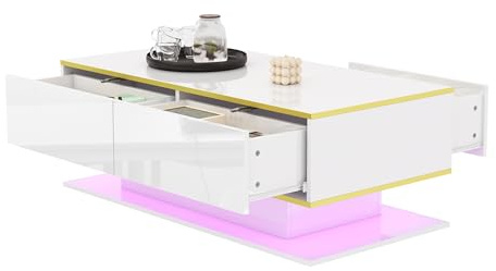 ComfortXL Table Basse Moderne Blanche Laquée avec LED Multicolore Et Décorations Dorées