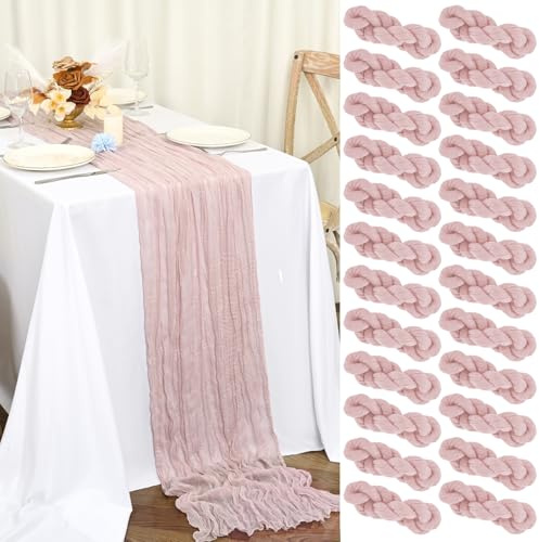 Teruntrue Confezione da 24 Runner da Tavola in Garza Rosa Polveroso 45x275 cm, Tovaglie Boho in Garza per Decorazioni di Matrimoni, Feste per Bambini, Baby Shower e Compleanni
