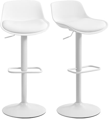 HOMCOM Set 2 Sgabelli Bar con Altezza Regolabile, Sgabelli Alti Cucina in Finta Pelle con Schienale e Poggiapiedi e Ampia Base in Acciaio, Sedie Bar Alte Girevoli a 360°, Bianco