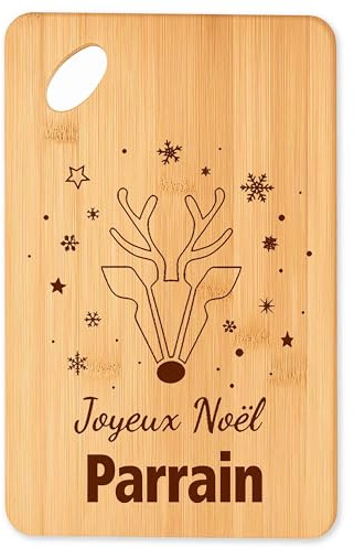Planche à découper Joyeux noël Parrain cerf - Plateau Apéro en Bambou Cadeau Noël Gravé Collègue Cuisine Barbecue