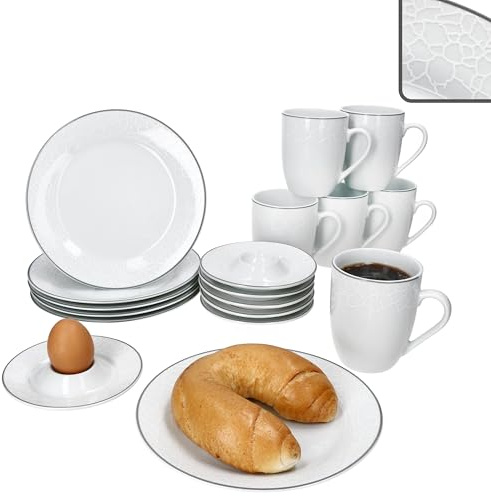 MamboCat Venise Service de brunch 18 pièces - En porcelaine blanche avec relief aspect galets et ligne grise - 6 assiettes, 6 gobelets de 300 ml et 6 coquetiers avec plateau