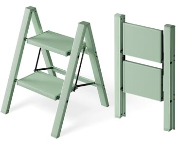 Attestierer Trittleiter 2 Stufen klappbar,Tritthocker aus Aluminium | 150 kg Tragfähigkeit,Leiter mit rutschfesten Füßen & breiten Trittstufen,Innen- & Außeneinsatz,Minimalistisch,Hell Grün