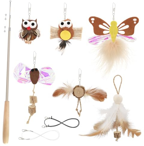 SONGWAY Katzenangel Stabil mit Ausziehbarem Stab - 6 Schmetterling-Vogel-Form Ersatzfedern mit Silvervine, Katzenminze Spielzeug, Interaktives Federspielzeug für Katzen und Kätzchen