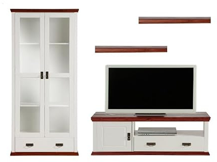 clever-moebel Wohnwand im Landhausstil, Weiß/Kirschbaumfarben, Massiv Kiefernholz, 4-teilig, mit Vitrine, TV-Lowboard und Wandregal-Set